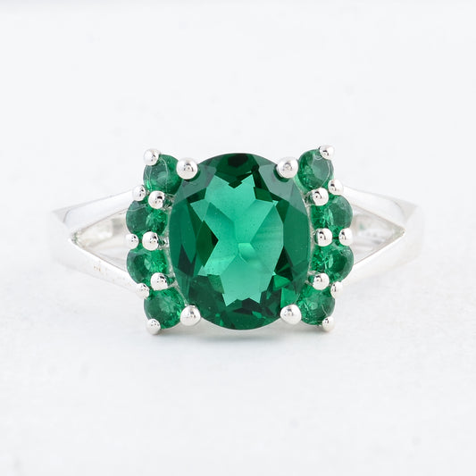 2.52 Ct Oval Created Glass Emerald 925 Sterling Silver Ring