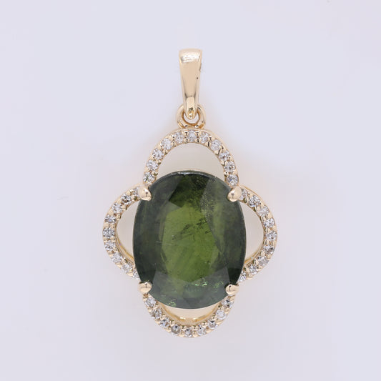 5.17 Ct Oval Mixed Cut Natural Green Sapphire 14K Gold Pendant