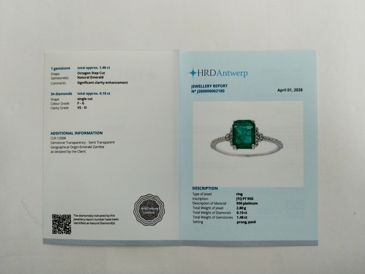 1.58 Ct Octagon Step Cut Natural Emerald 950 Platinum Ring