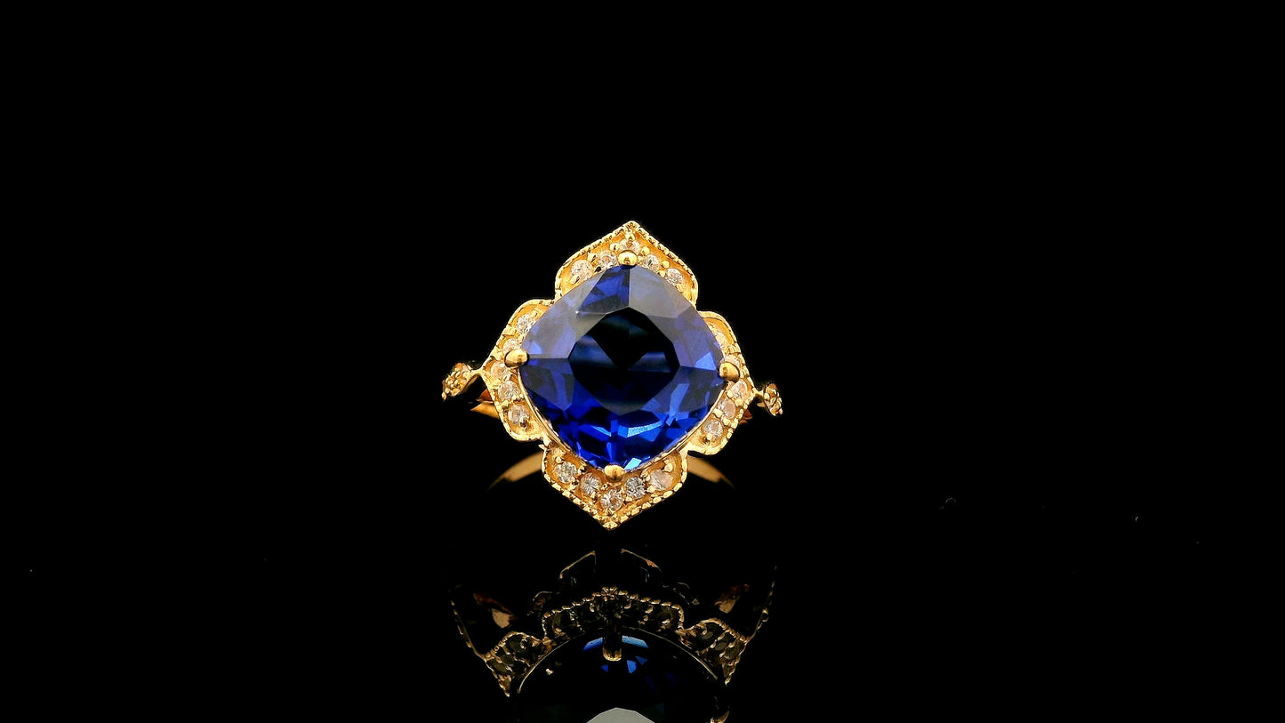 6.73 Ct Cushion Lab Grown Sapphire 14K Gold Ring
