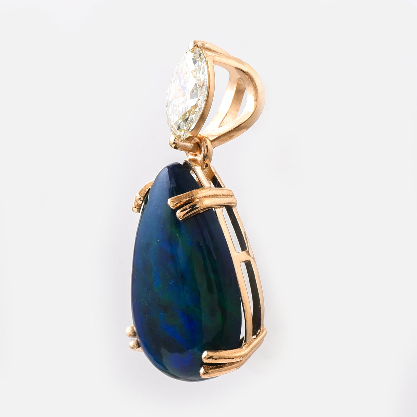 3.36 Ct Pear Cabochon Natural Black Opal 14K Gold Pendant
