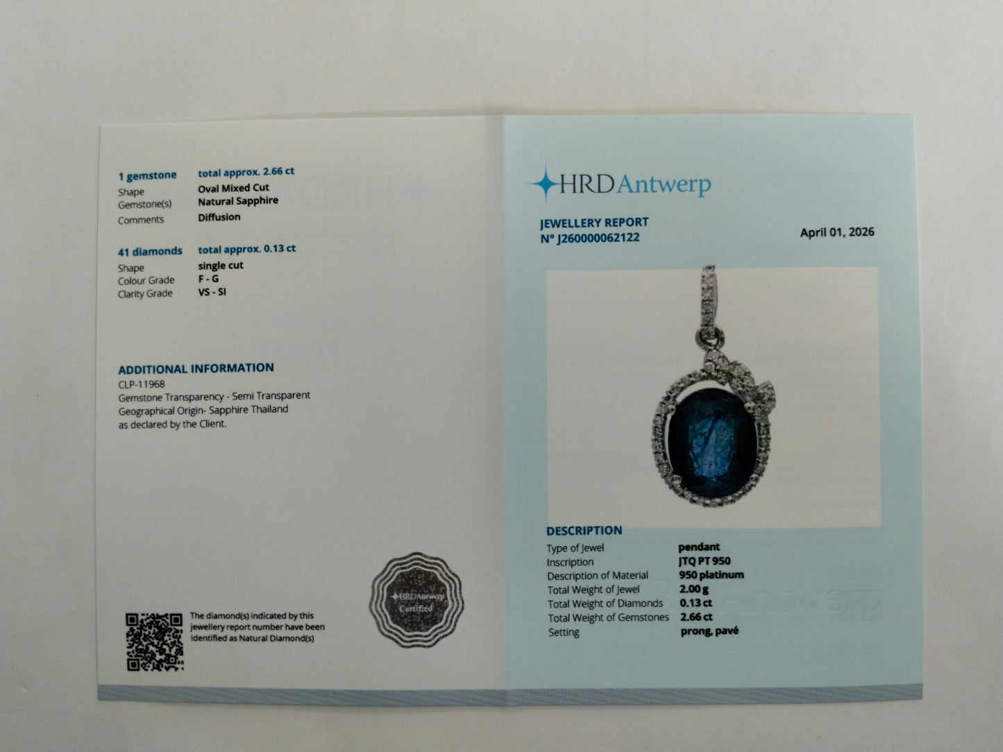 2.79 Ct Oval Mixed Cut Natural Sapphire 950 Platinum Pendant