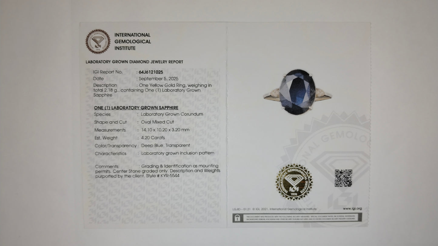 4.29 Ct Oval Mixed Cut Lab Grown Sapphire 14K Gold Ring