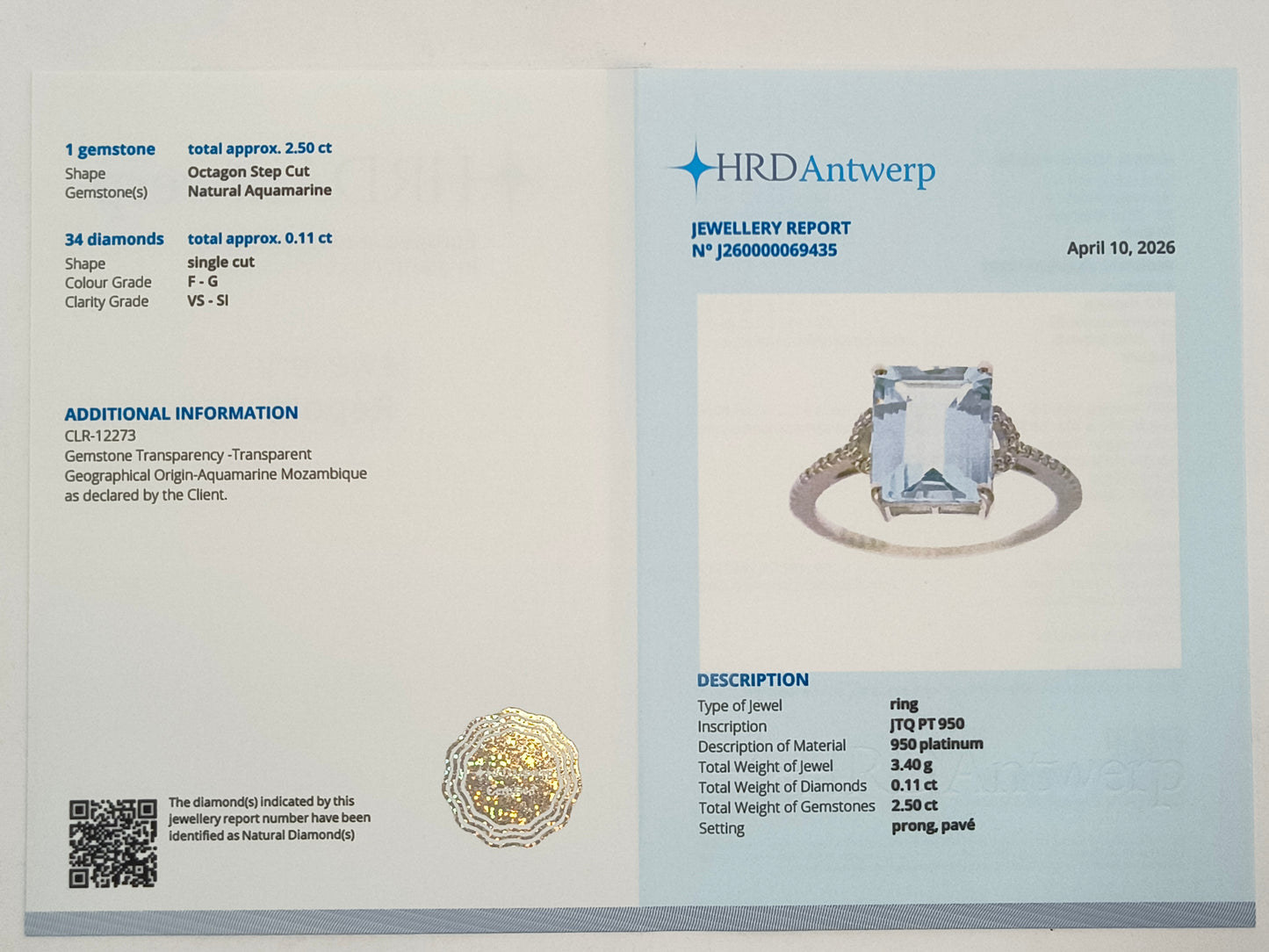 2.61 Ct Octagon Step Cut Natural Aquamarine 950 Platinum Ring