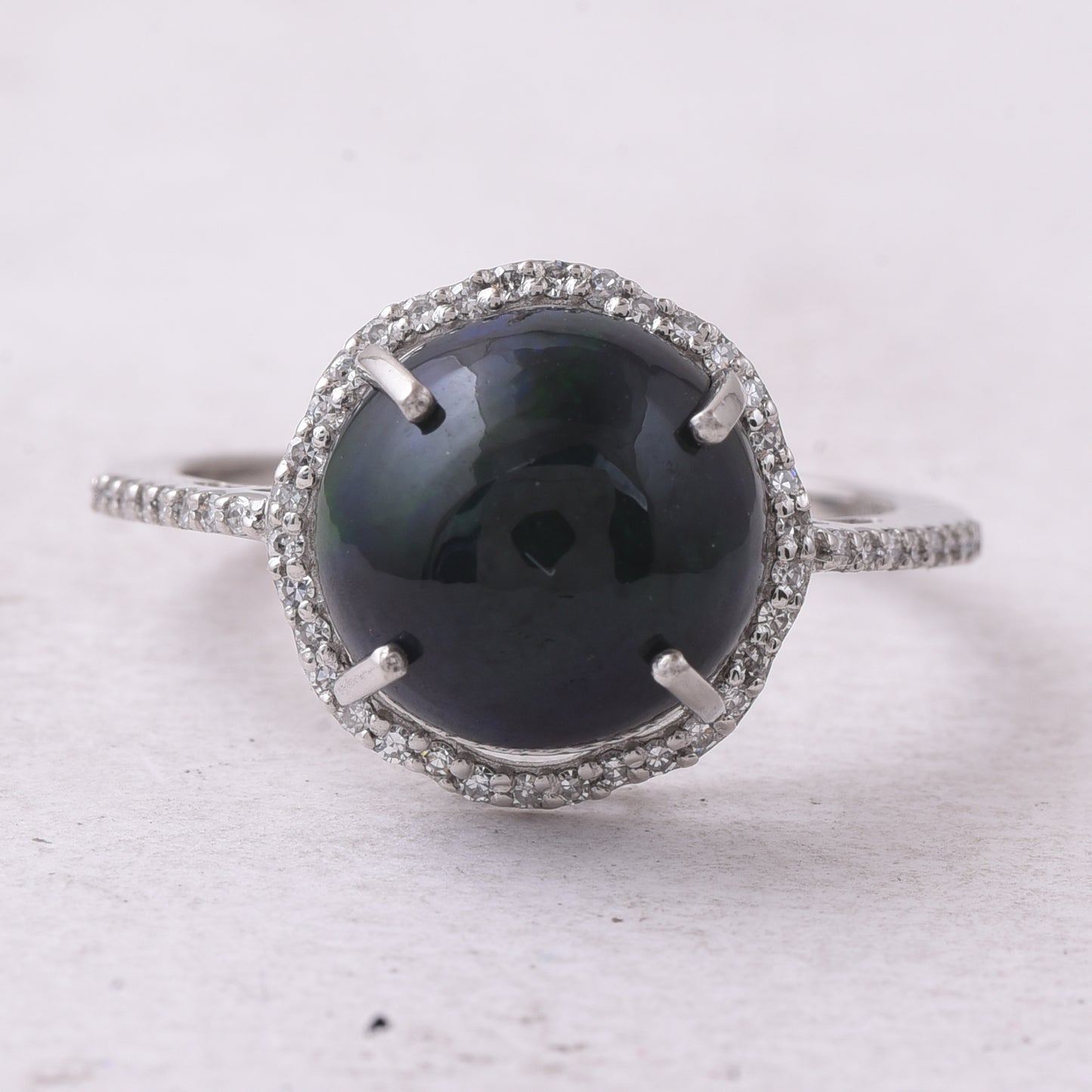 2.93 Ct Round Cabochon Cut Natural Black Opal 950 Platinum Ring