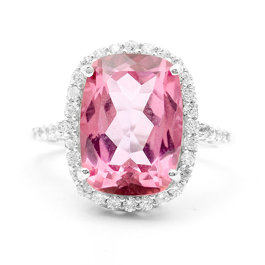 9.34 Ct Cushion Pink Topaz, White Zircon 925 Sterling Silver Ring
