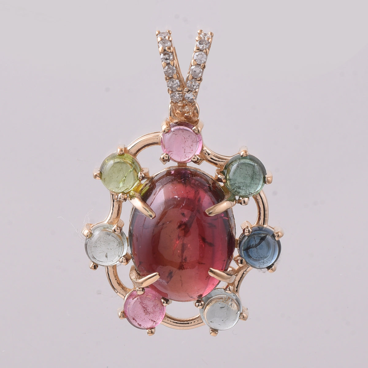 4.59 Ct Oval Cabochon Cut, Round Cabochon Cut Natural Multi-Coloured Tourmaline 14K Gold Pendant