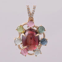4.59 Ct Oval Cabochon Cut, Round Cabochon Cut Natural Multi-Coloured Tourmaline 14K Gold Pendant