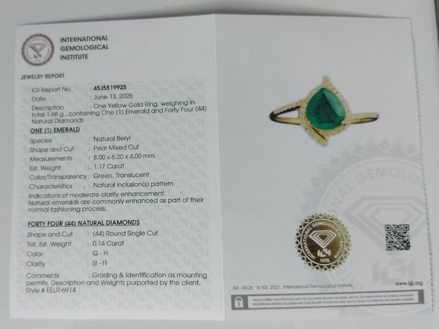 1.31 Ct Pear Mixed Cut Natural Beryl Emerald 14K Gold Ring