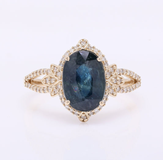 3.63 Ct Oval Mixed Cut Natural Sapphire 14K Gold Ring