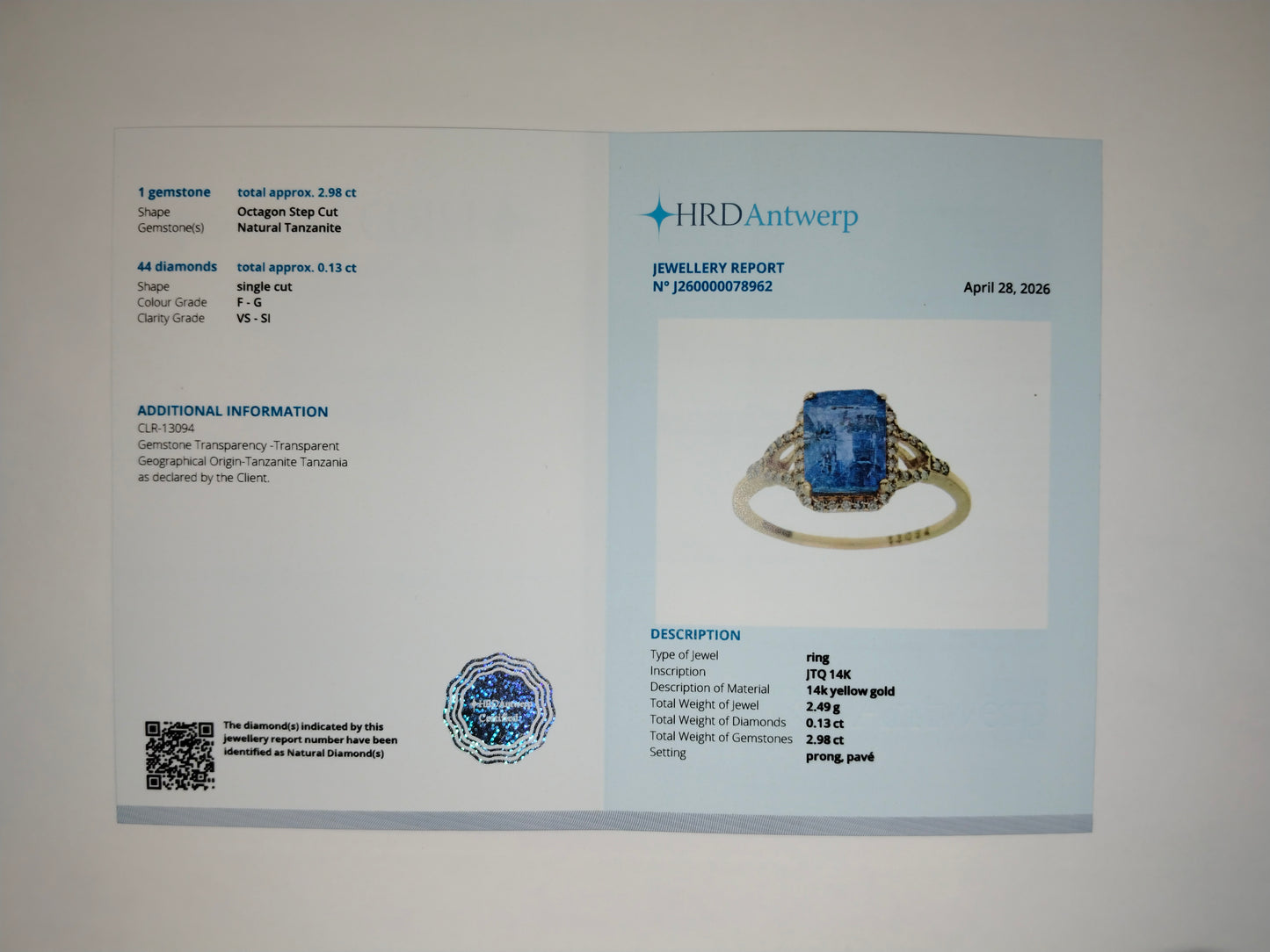 3.11 Ct Octagon Step Cut Natural Tanzanite 14K Gold Ring