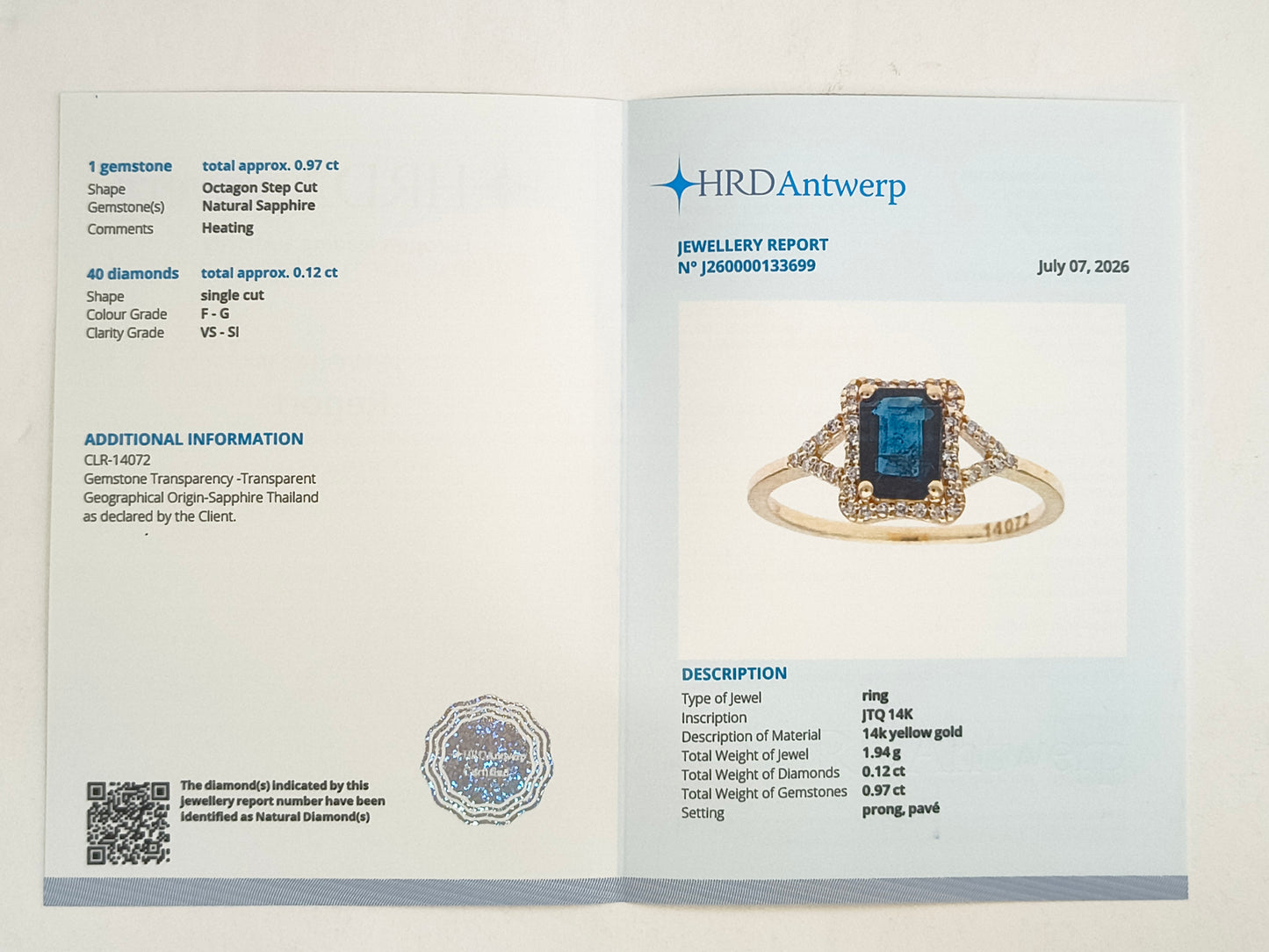 1.09 Ct Octagon Step Cut Natural Sapphire 14K Gold Ring