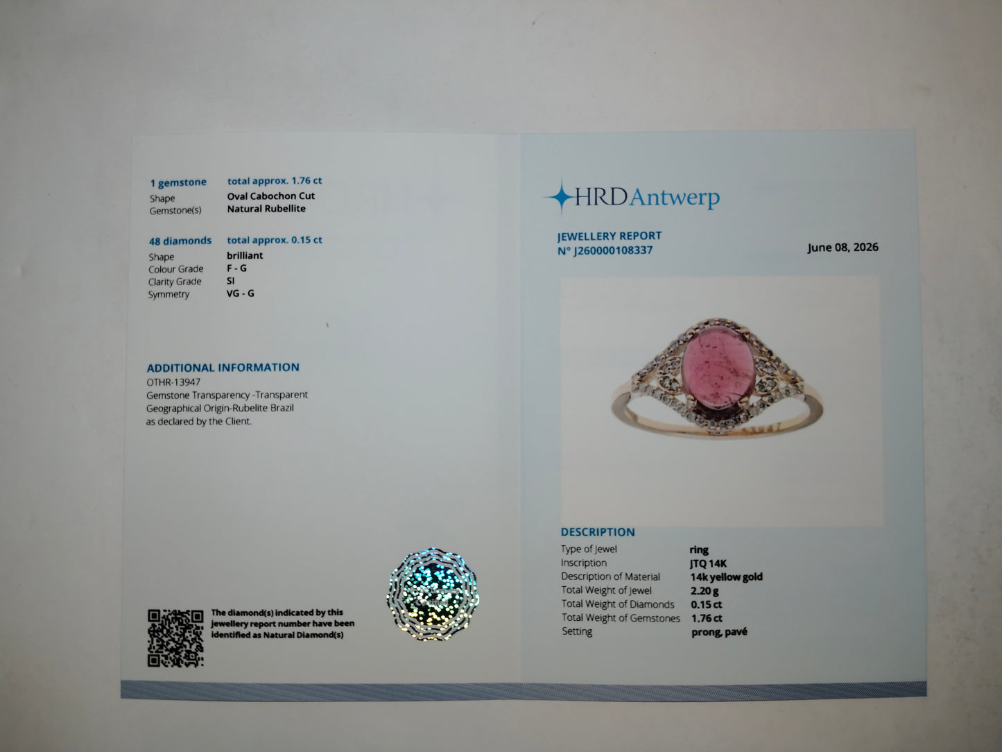 1.91 Ct Oval Cabochon Cut Natural Rubellite 14K Gold Ring