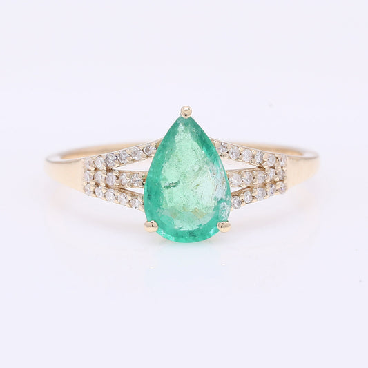 1.28 Ct Pear Mixed Cut Natural Emerald 14K Gold Ring