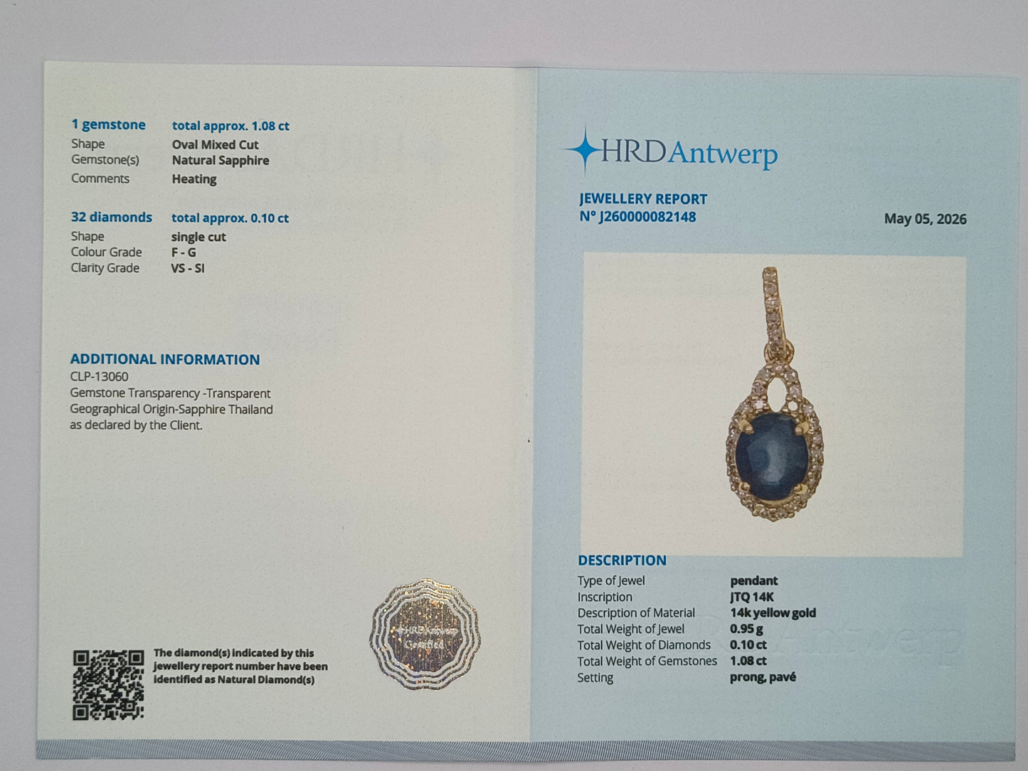 1.18 Ct Oval Mixed Cut Natural Sapphire 14K Gold Pendant