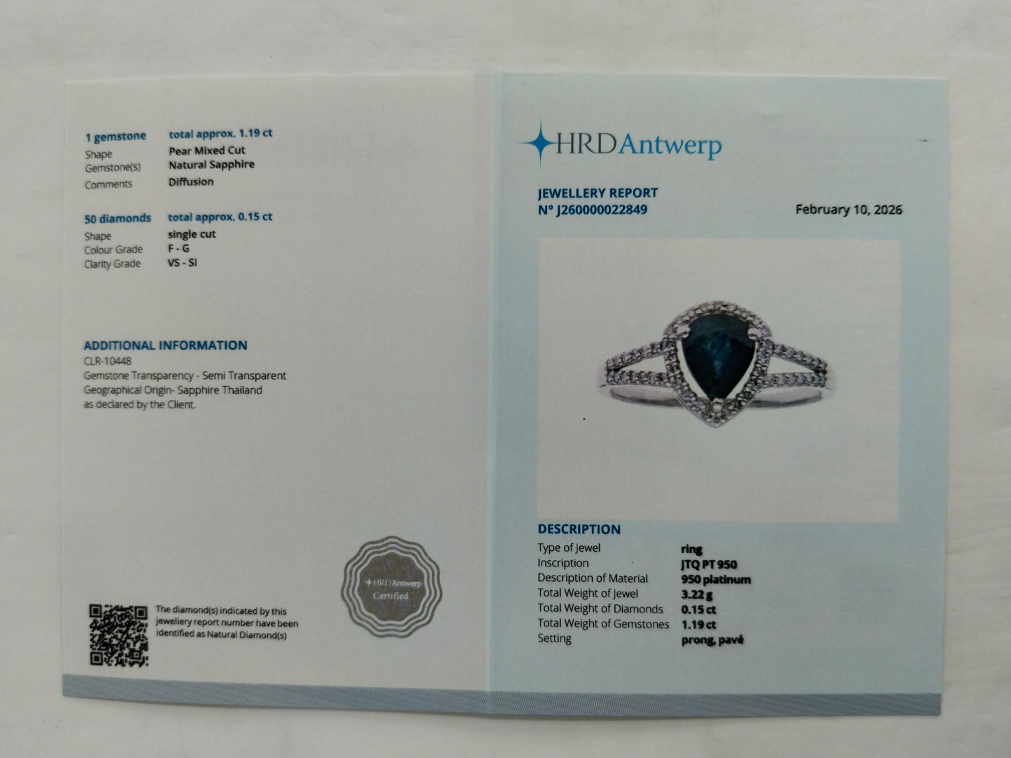 1.34 Ct Pear Mixed Cut Natural Sapphire 950 Platinum Ring