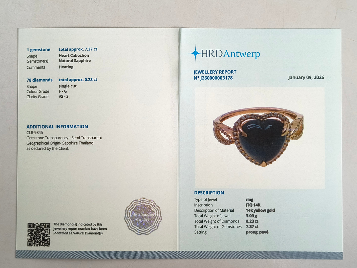 7.60 Ct Heart Cabochon Natural Sapphire 14K Gold Ring