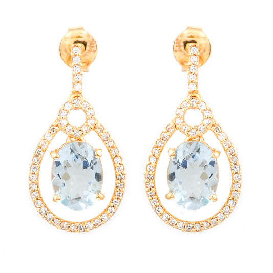 2.21 Ct Oval Mixed Cut Natural Aquamarine 14K Gold Earrings