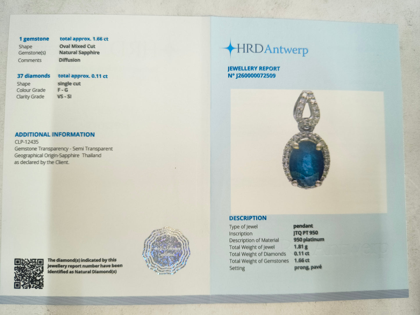 1.77 Ct Oval Mixed Cut Natural Sapphire 950 Platinum Pendant
