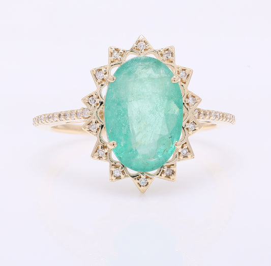 3.09 Ct Oval Mixed Cut Natural Emerald 14K Gold Ring