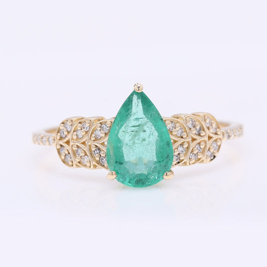 1.37 Ct Pear Mixed Cut Natural Emerald 14K Gold Ring