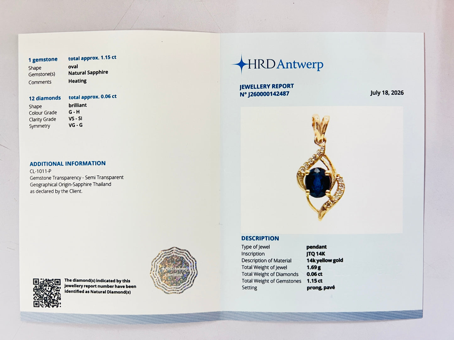 1.21 Ct Oval Natural Sapphire 14K Gold Pendant