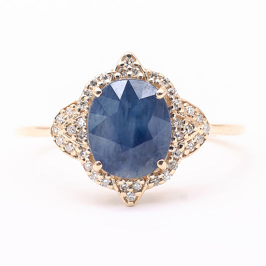 3.04 Ct Oval Mixed Cut Natural Sapphire 14K Gold Ring