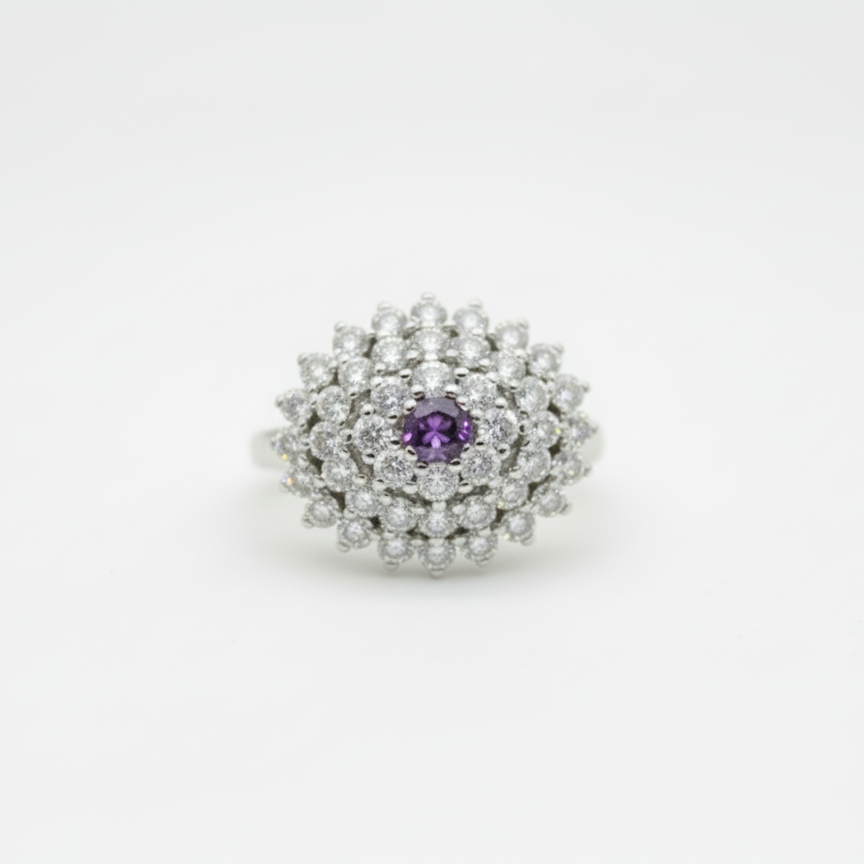 1.27 Ct Round Amethyst, Cubic Zirconia 925 Sterling Silver Ring
