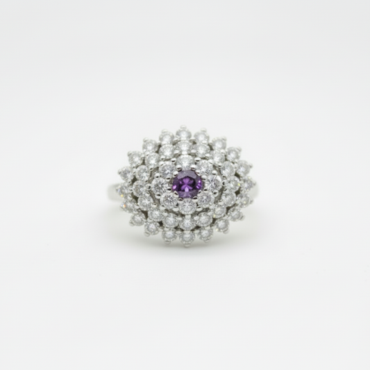1.27 Ct Round Amethyst, Cubic Zirconia 925 Sterling Silver Ring