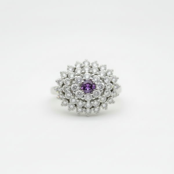 1.27 Ct Round Amethyst, Cubic Zirconia 925 Sterling Silver Ring