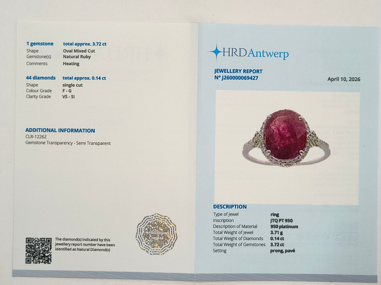3.86 Ct Oval Mixed Cut Natural Ruby 950 Platinum Ring