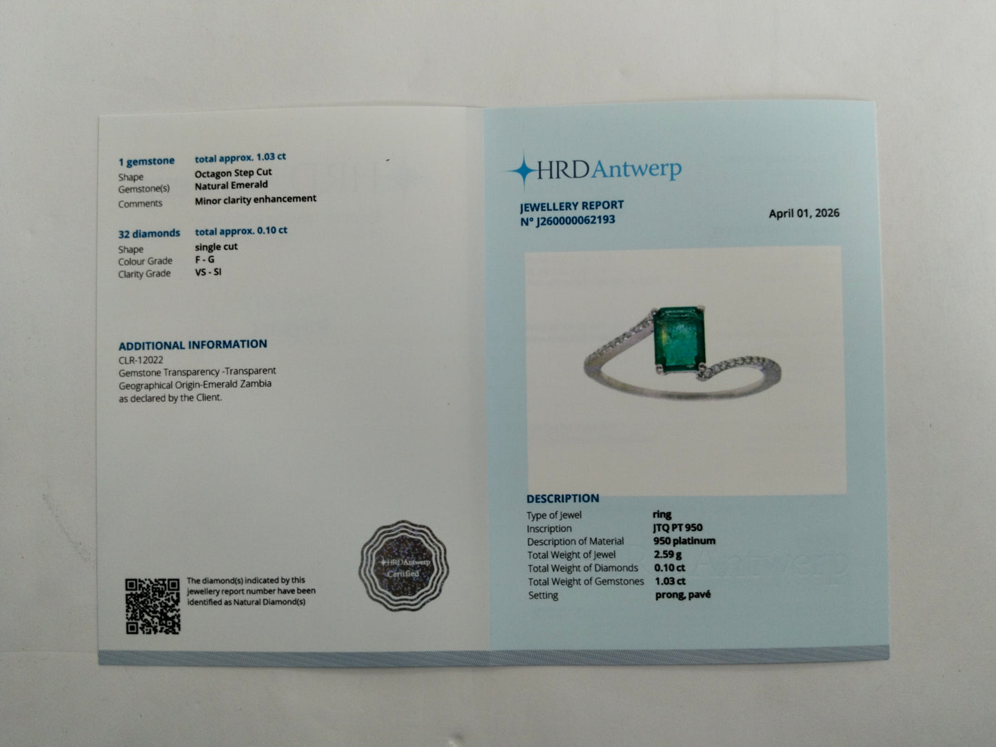 1.13 Ct Octagon Step Cut Natural Emerald 950 Platinum Ring