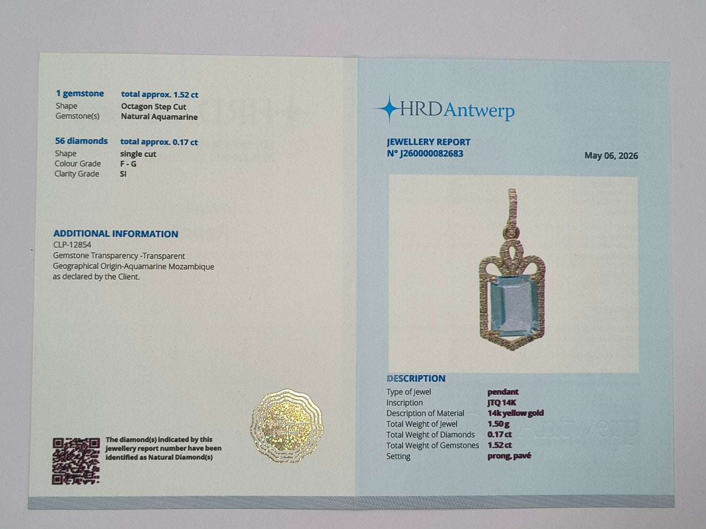 1.69 Ct Octagon Step Cut Natural Aquamarine 14K Gold Pendant