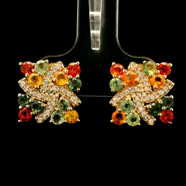 2.45 Ct Round Multi Sapphire 14K Gold Earrings