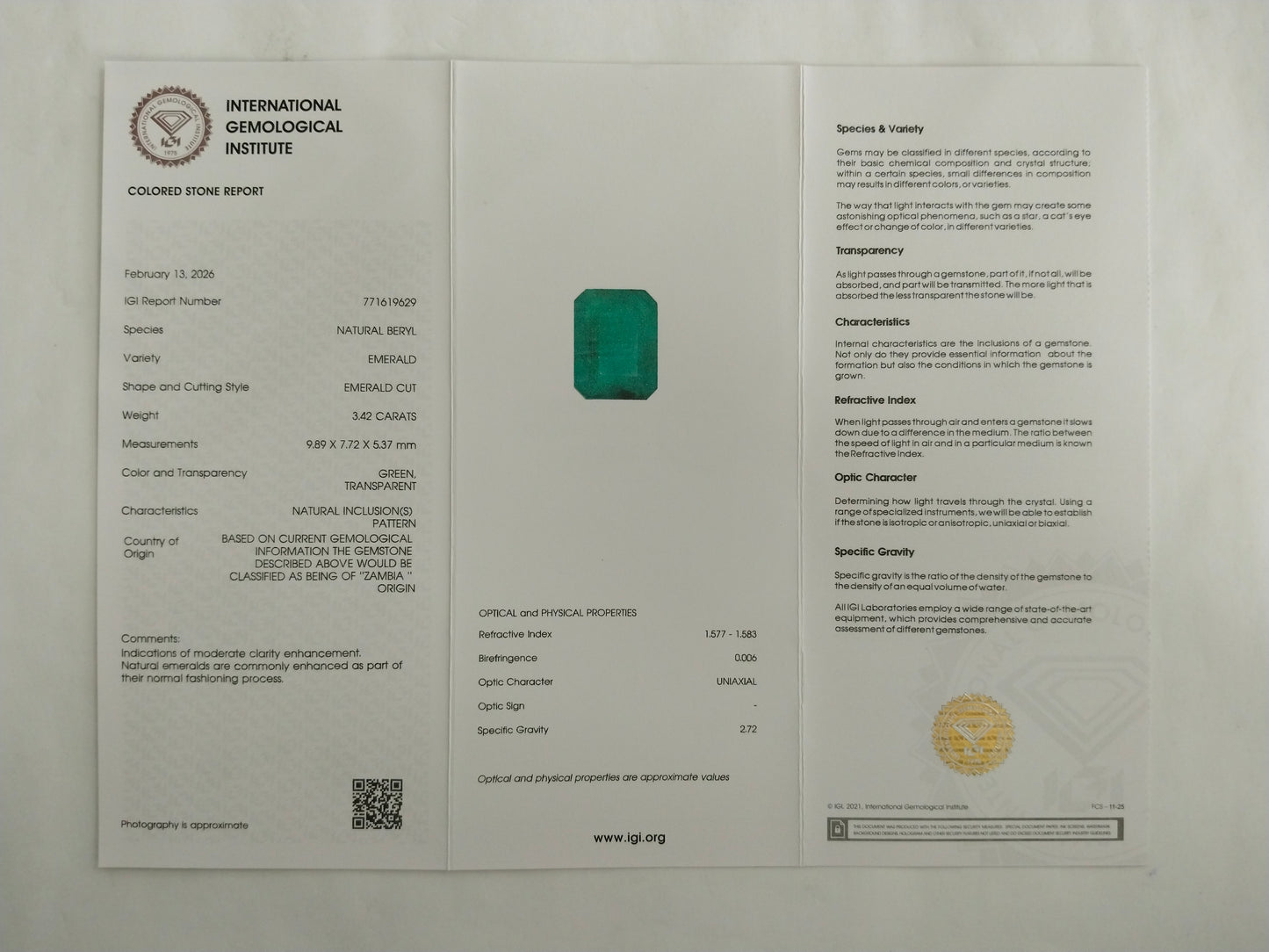 3.42 Natural Beryl Emerald Emerald Cut Gemstone