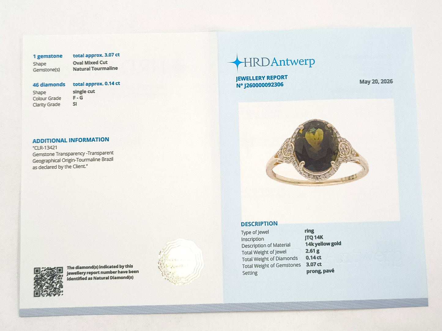 3.21 Ct Oval Tourmaline 14K Gold Ring