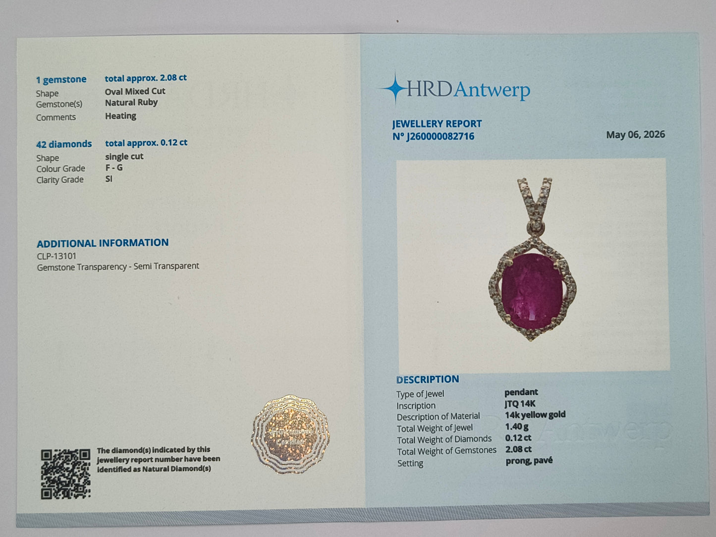 2.20 Ct Oval Mixed Cut Natural Ruby 14K Gold Pendant