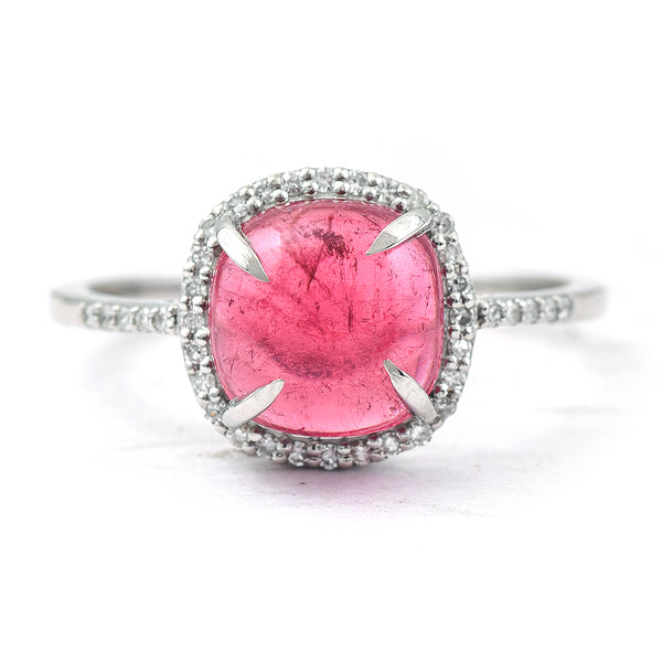 2.63 Ct Cushion Cabochon Cut Natural Pink Tourmaline 950 Platinum Ring