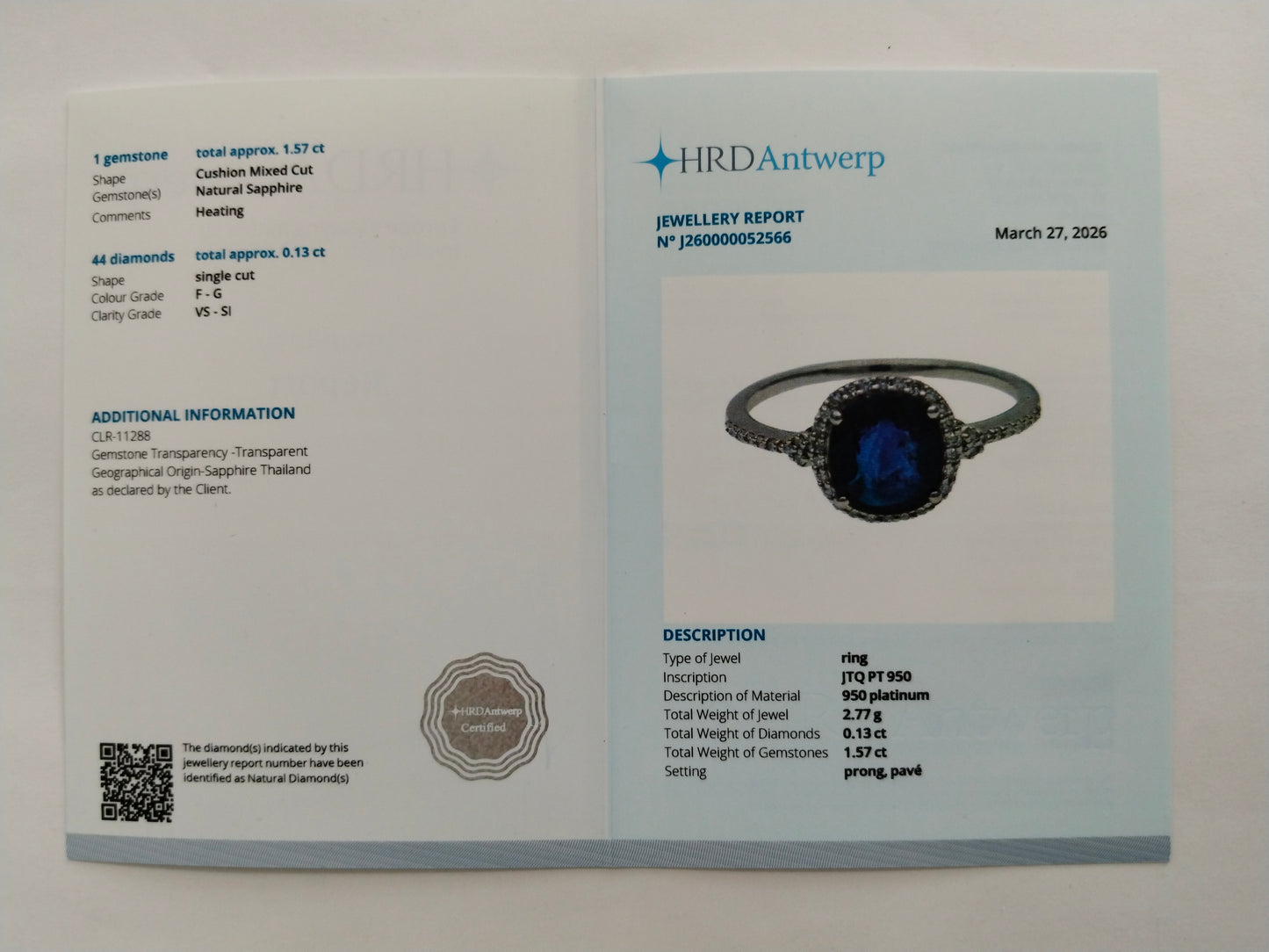 1.70 Ct Cushion Mixed Cut Natural Sapphire 950 Platinum Ring