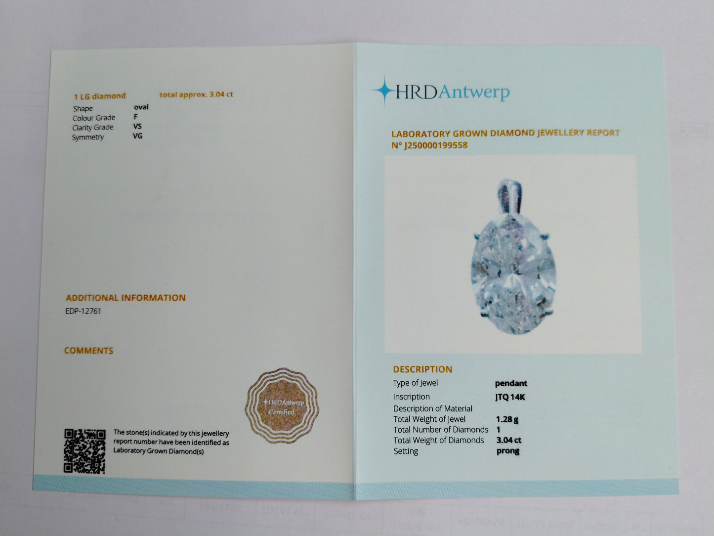 3.04 Carats Lab Grown Diamond 14K Gold Pendant