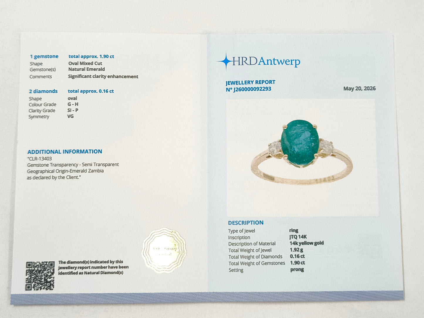 2.06 Ct Oval Emerald 14K Gold Ring