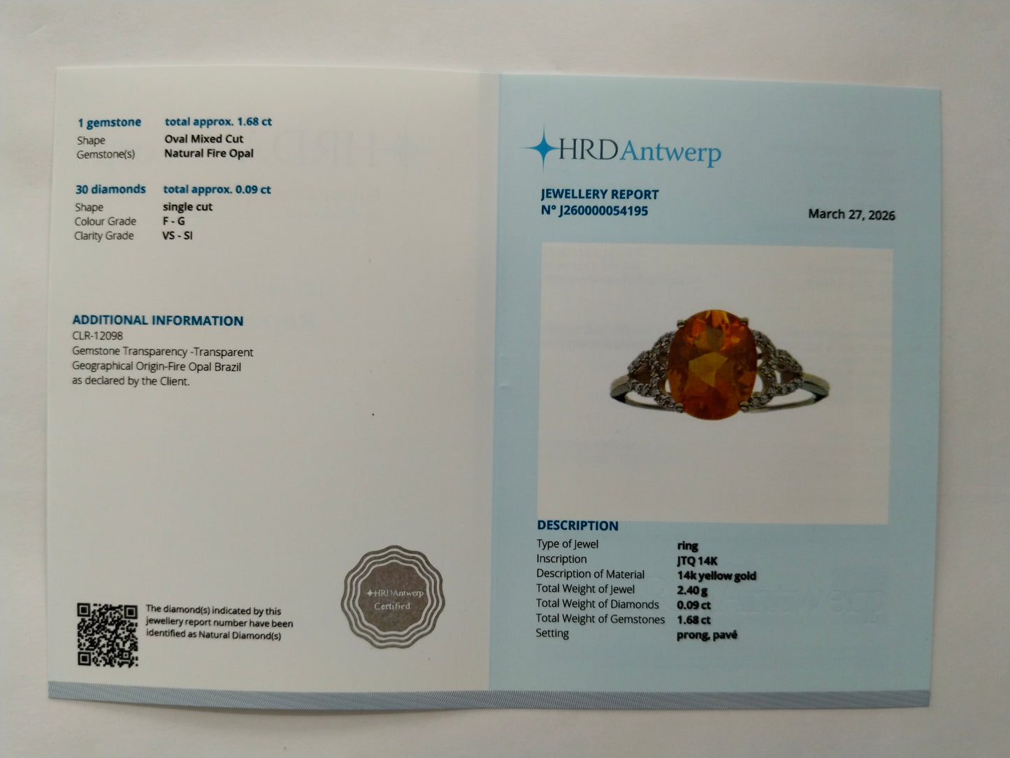 1.77 Ct Oval Mixed Cut Natural Fire Opal 14K Gold Ring
