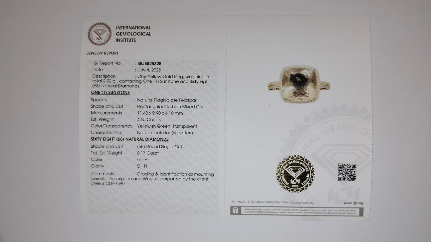 4.72 Ct Rectangular Cushion Mixed Cut Natural Plagioclase Feldspar Sunstone 14K Gold Ring