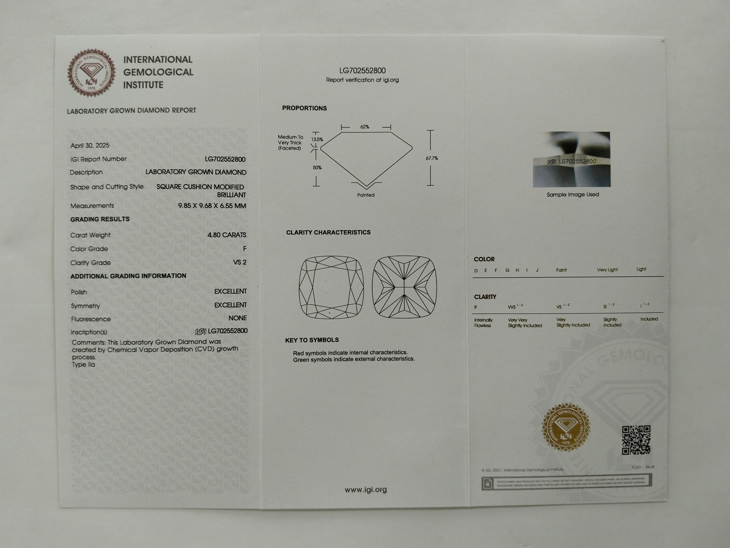 5.02 Ct Square Cushion Modified Brilliant Lab Grown Diamond 950 Platinum Ring