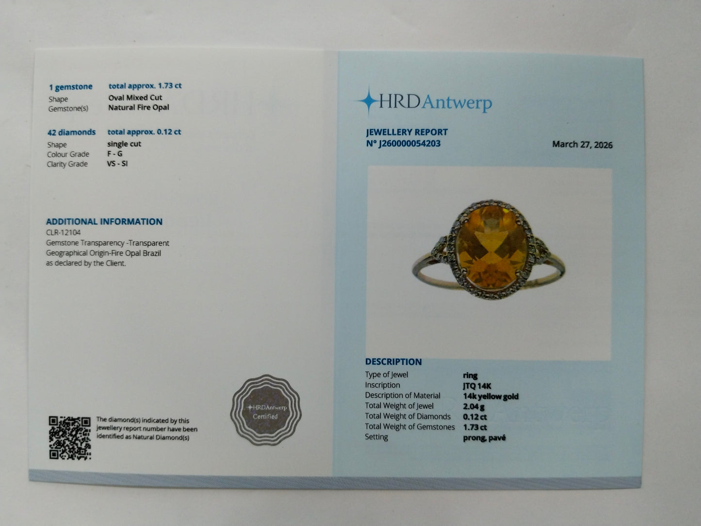 1.85 Ct Oval Mixed Cut Natural Fire Opal 14K Gold Ring