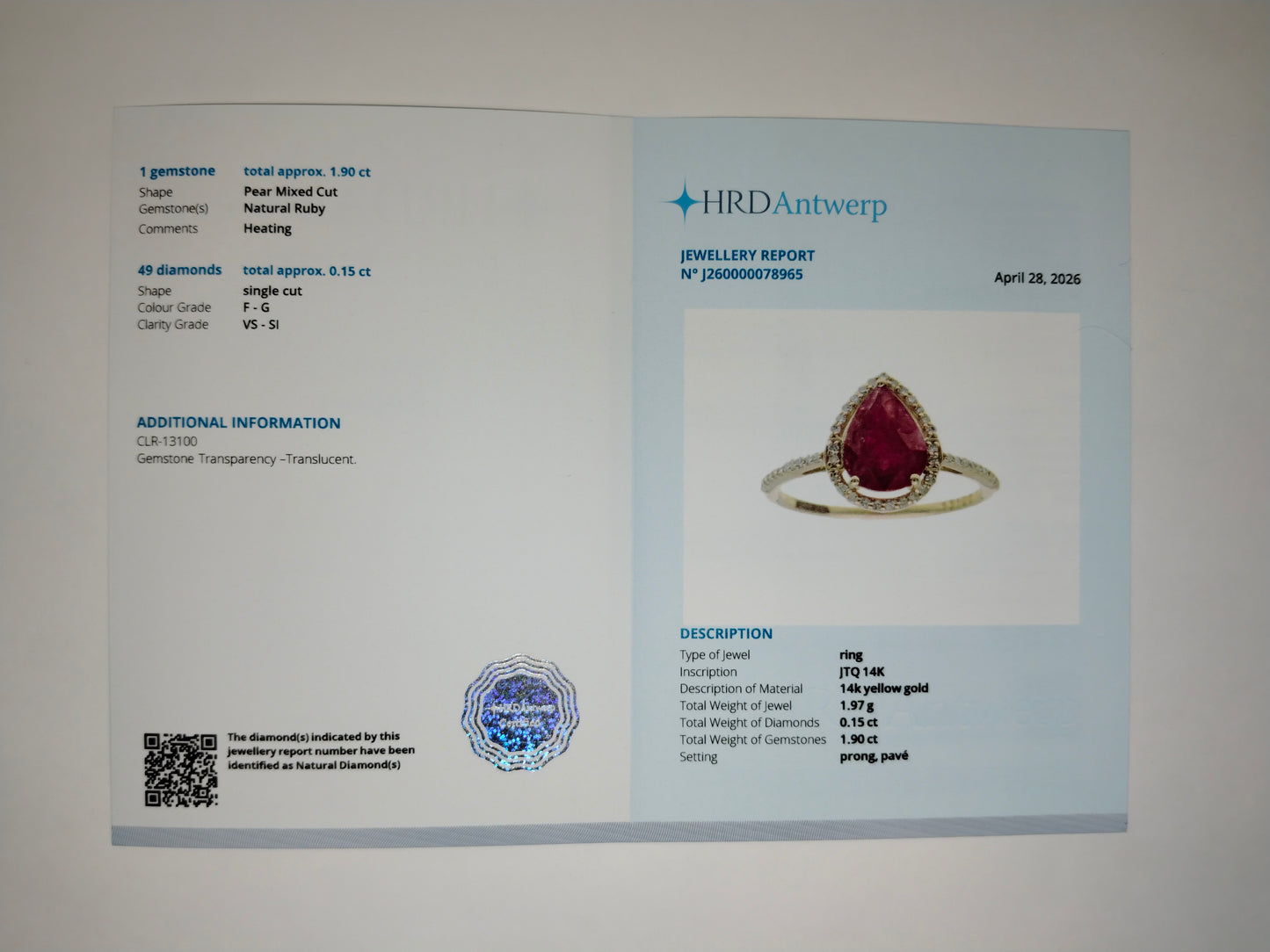 2.05 Ct Pear Mixed Cut Natural Ruby 14K Gold Ring