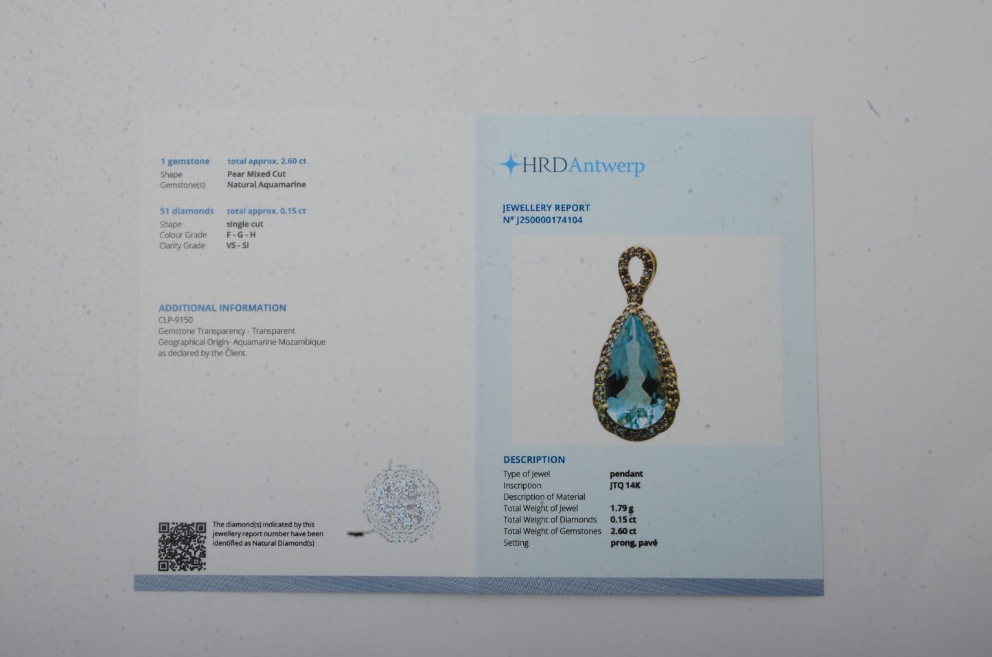 2.75 Ct Pear Mixed Cut Natural Aquamarine 14K Gold Pendant