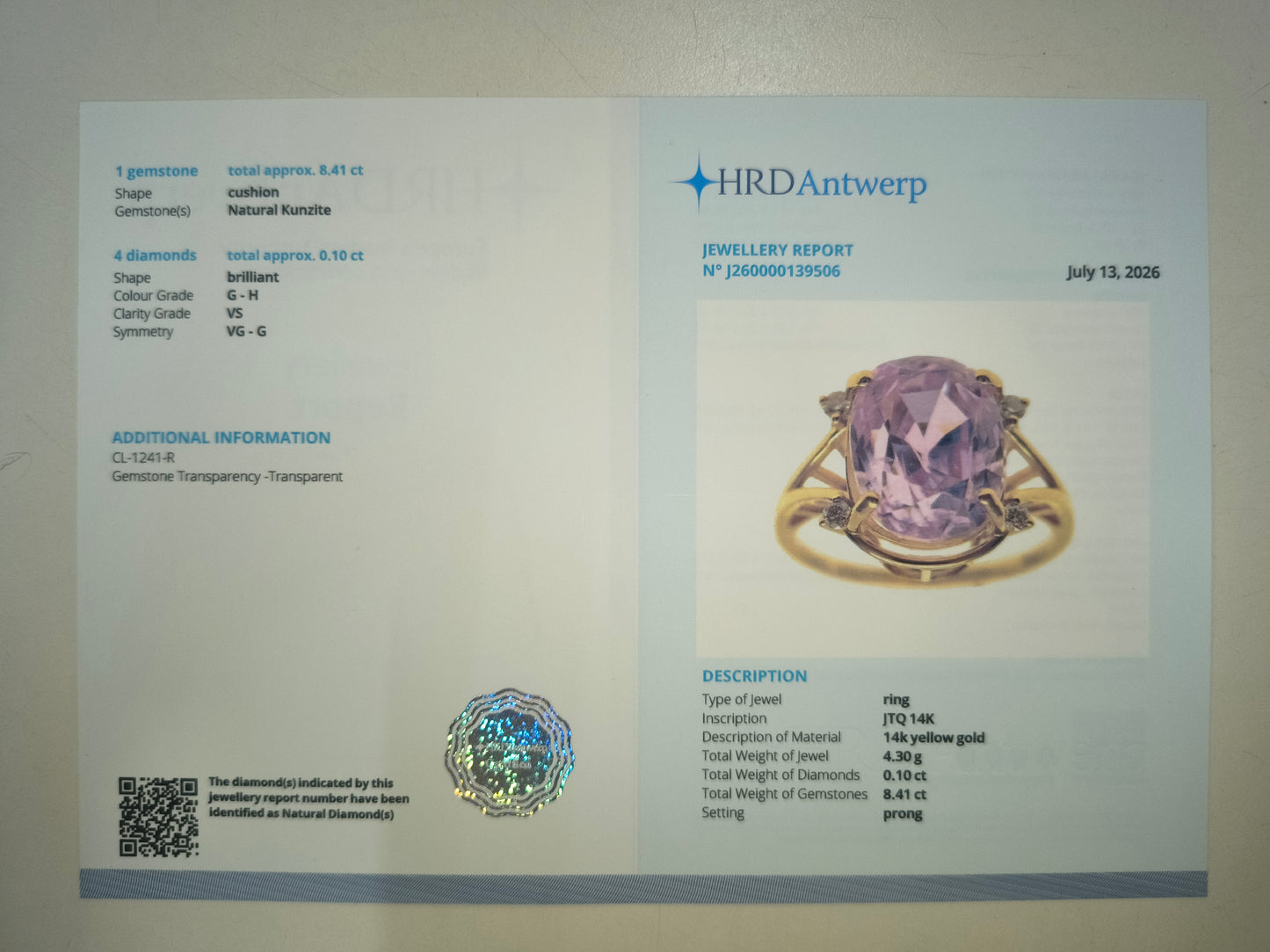 8.51 Ct Cushion Natural Kunzite 14K Gold Ring