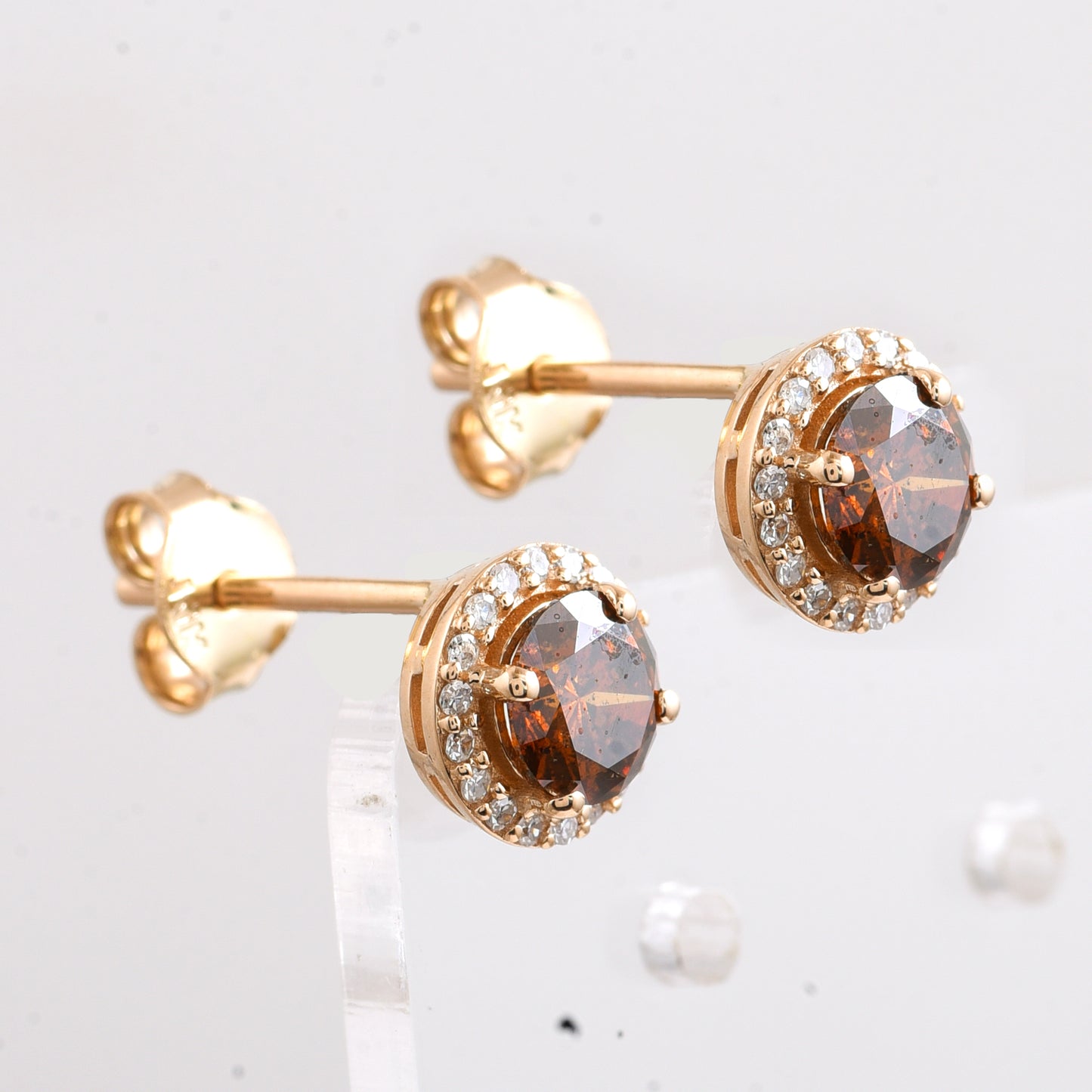 1.09 Ct Round Red Diamond 14K Gold Earrings