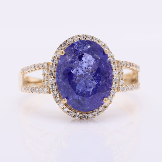 4.64 Ct Oval Mixed Cut Natural Tanzanite 14K Gold Ring